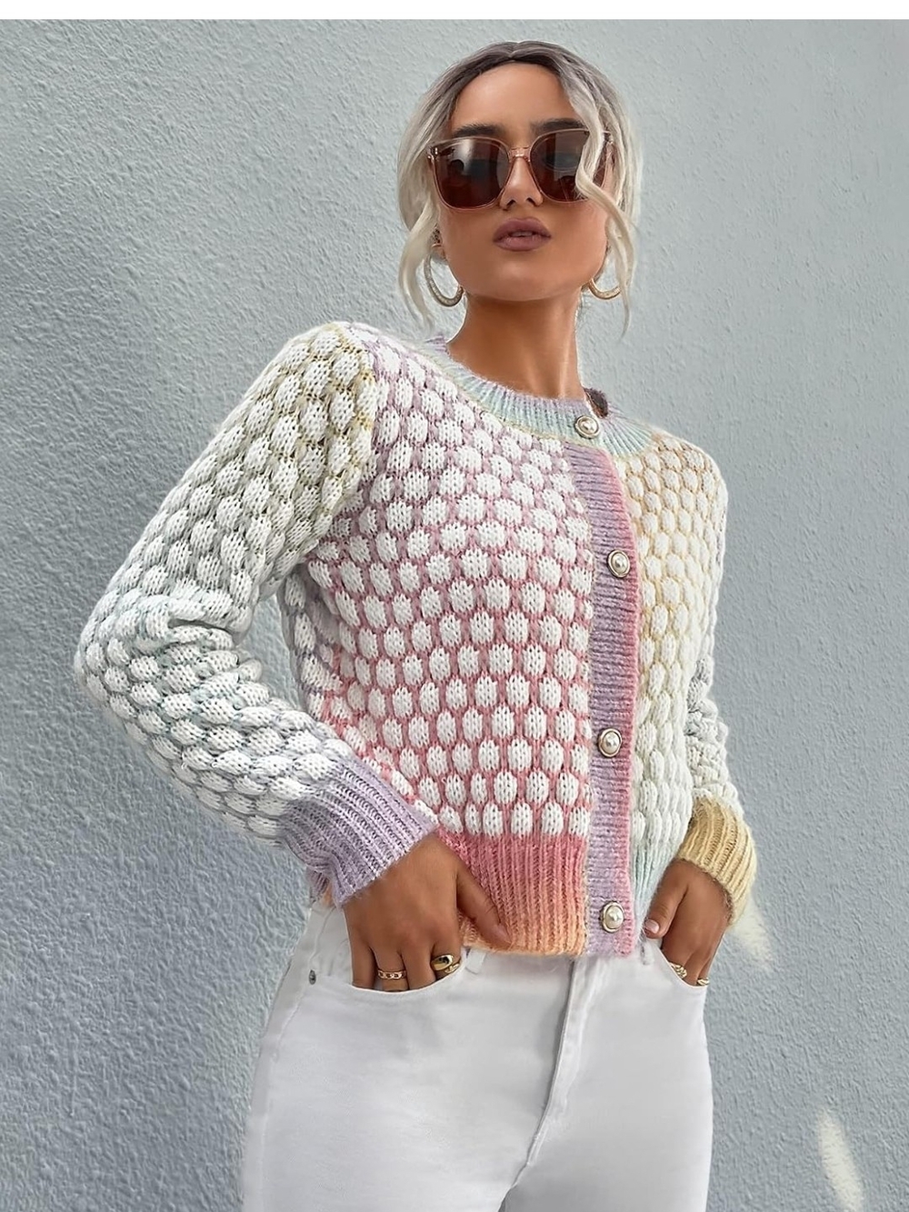 Ombre Pastel Tweed Knit Pearl Button Sweater Cardigan Size Medium
